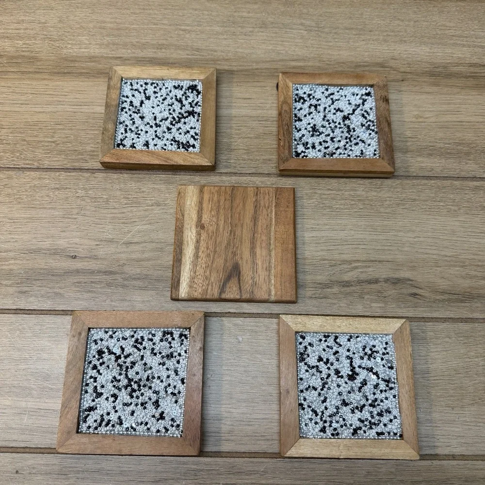 Boho Wooden Square Coasters Black White Glass Bead Mosaic Inlay Set of 4 MCM